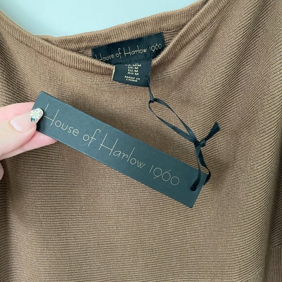 NEW Boho Glam House of Harlow 1960 Brown Ribbed One Shoulder Midi Dress Size M - Picture 4 of 6